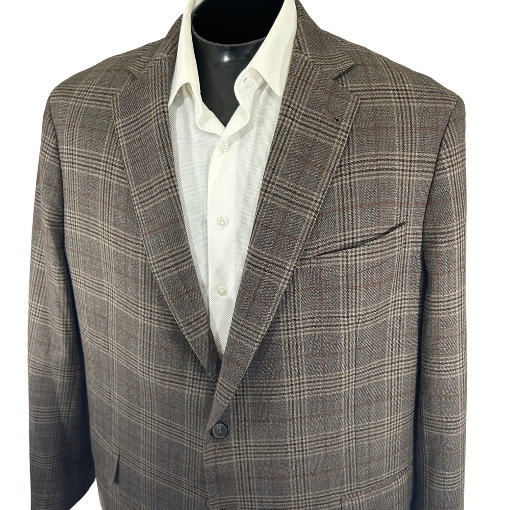 Joseph Abboud Blazer 48L Brown Plaid Heritage 100% Wool Double Vent Sport Coat